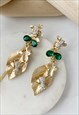 GOLD DIAMANTE DROP GREEN LEAF BEE FLOWER CHANDELIER EARRINGS