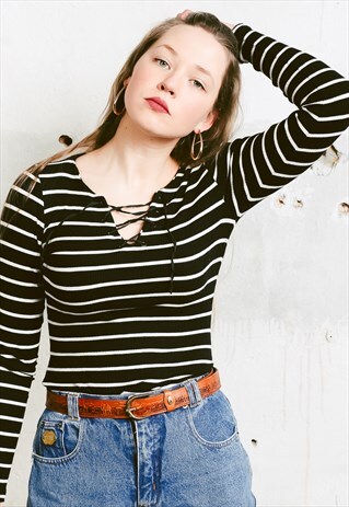 VINTAGE 90S LACE UP COLLAR STRIPED TOP