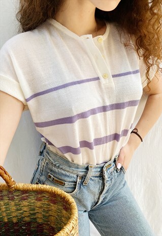 VINTAGE 80S PARISIAN STRIPED KNIT HAUTE BOHEME BLOUSE TOP