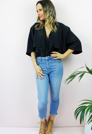 VINTAGE 80'S BLACK SHORT SLEEVE COLLARED SHIRT BLOUSE