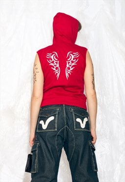 Vintage Y2K Hooded Vest in Red with Tribal Tattoo Pattern