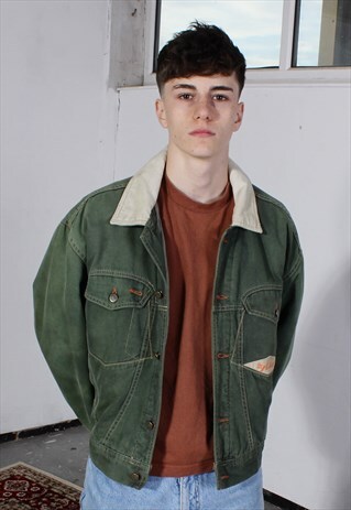 VINTAGE DIESEL GREEN AND CREAM EMBROIDERED DENIM JACKET