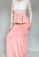 RETRO PINK MAXI DRESS, PINK WHITE GOWN, WHITE LACE DRESS