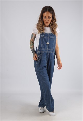 VINTAGE DENIM DUNGAREES WIDE LEG UK 12 MEDIUM (RBF)