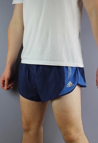 VINTAGE ADIDAS RUNNING SHORTS IN NAVY WITH PRINTED LOGO AND