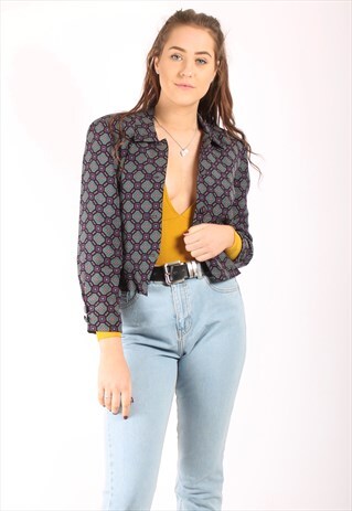 VINTAGE 80S CROPPED JACKET IN TURQUOISE GEOMETRIC PATTERN