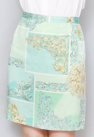 VINTAGE 1980'S BLUE & GOLD BAROQUE SILK MINI SKIRT