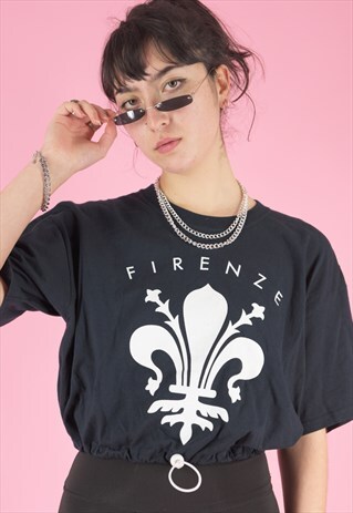 VINTAGE 90S REWORKED CROP TOP IN BLUE WITH FIRENZE PRINT