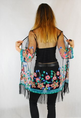 EMBROIDERED LACE MESH FLORAL EVENING KIMONO