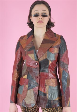 VINTAGE LEATHER JACKET TRENCH COAT IN BROWN RED PATCHWORK