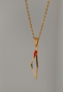 PALESTINE. Map with Flag Dainty Pendant Chain Necklace 