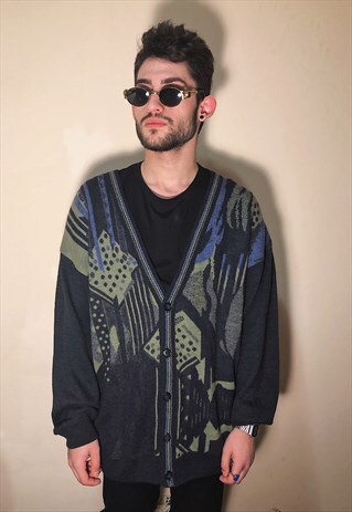 VINTAGE ABSTRACT PATTERNED LIME/PURPLE/GREY CARDIGAN