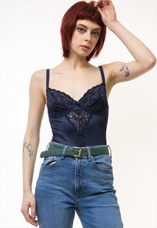 90S VINTAGE BLUE LACE BODY LINGERIE SET UNDERWEAR TOP 5189