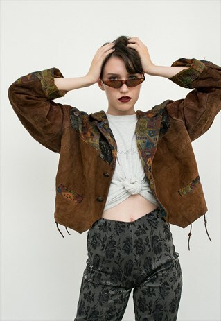 VINTAGE JACKET BROWN SUEDE GENUINE LEATHER 70S PATCHWORK