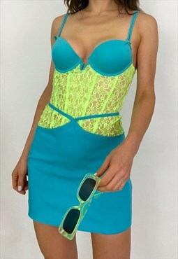 Highlighter and Teal Lace Bustier Top