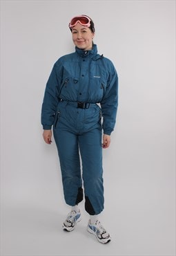 90s one piece ski suit, vintage blue ski jumpsuit, women 