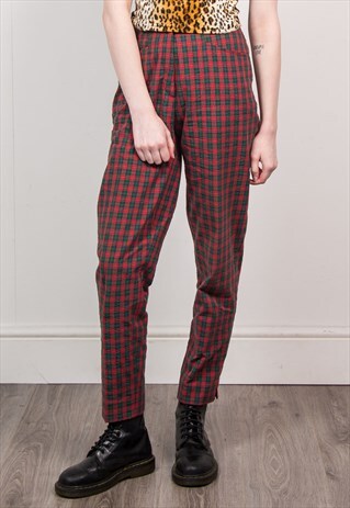 VINTAGE 90'S RED & GREEN CHECKED HIGH WAIST TROUSERS