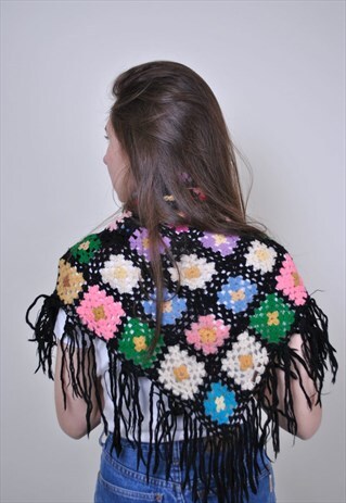 KNITTED FLORAL SHAWL, 70S WOMEN FLOWERS SCARVE