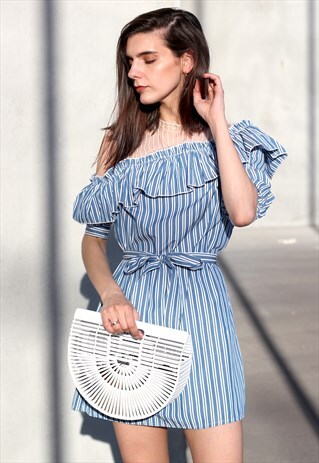 RUFFLED MESH DRESS IN STRIPES