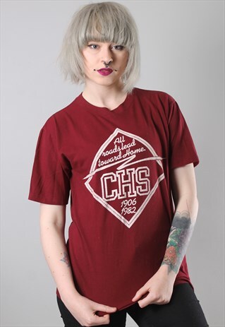 VINTAGE USA PRINT MAROON T-SHIRT 80'S SMALL