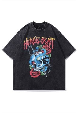 Skull t-shirt skeleton tee retro flower skater top in black