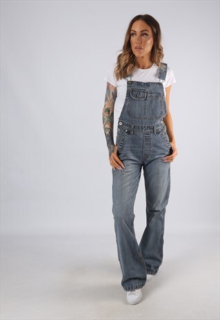 VINTAGE DENIM DUNGAREES WIDE FLARED FLARE LEG UK 8 XS (JE4B