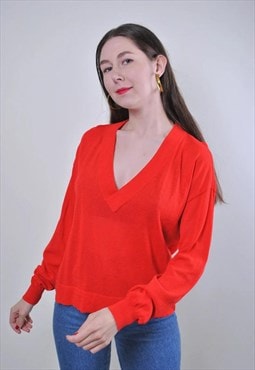 Vintage V-neck red pullover casual blouse 
