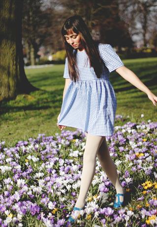 LIGHT BLUE GINGHAM SUMMER SMOCK DRESS WITH POCKETS