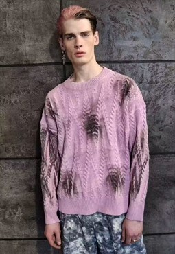 Oil wash sweater tie-dye cable knit jumper y2k top in pink