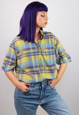 VINTAGE 80'S OVERSIZED RETRO CHECK PATTERN SAFARI BLOUSE