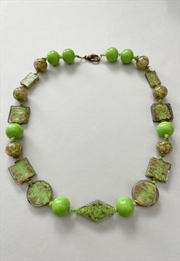 60's Vintage Ladies Necklace Green Glass Beads Chunky