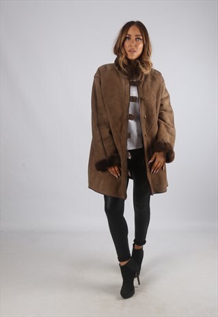 VINTAGE SHEEPSKIN SUEDE SHEARLING COAT SHORT MID UK 20 (9BS)