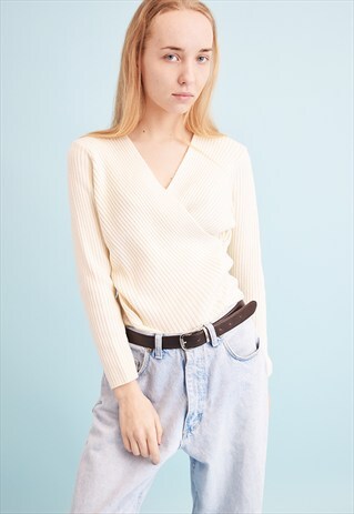 CUTE VINTAGE 90'S RETRO NEUTRAL RIBBED KNIT JUMPER TOP