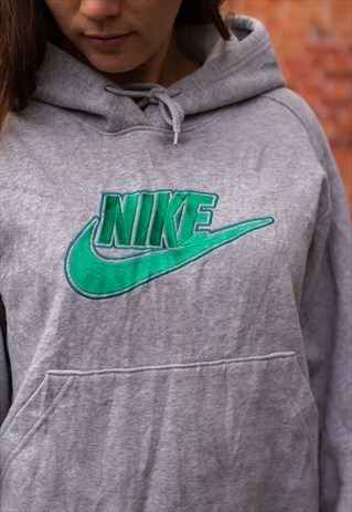 VINTAGE 00S NIKE Y2K SPELLOUT BIG LOGO HOODIE GREY & GREEN