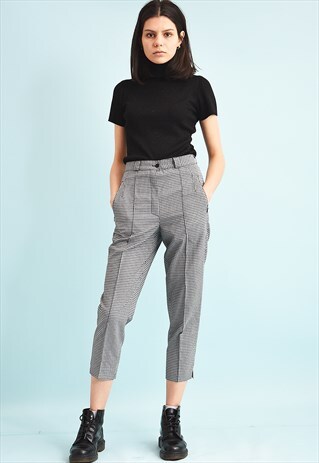 90'S RETRO CHECKED HIGH WAIST SHORT CUT TROUSERS