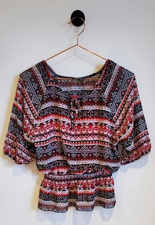 VINTAGE 90S RED AND WHITE ABSTRACT AZTEC PRINT BLOUSE SIZE L