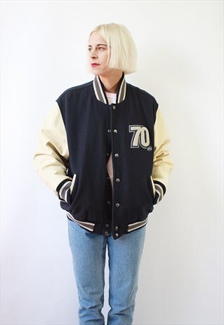 VINTAGE 90' BEAUTIFUL NAWY BLUE VARSITY BOMBER JACKET