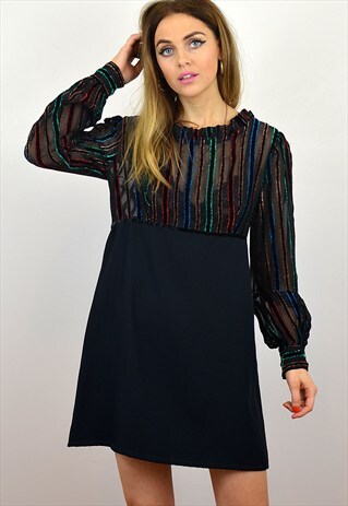 VINTAGE SHEER METALLIC BLACK BOHO PARTY DRESS