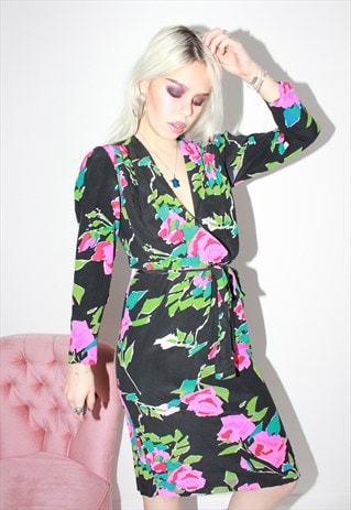 VINTAGE 70S BLACK FLORAL SILK DRESS
