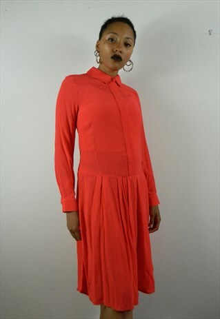 ORANGE TANGO LONG SLEEVE DRESS WITH PLEATS