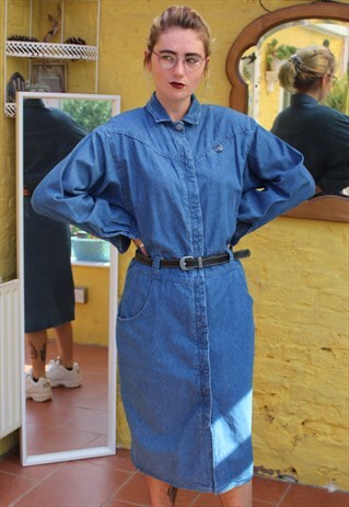 VINTAGE DENIM KNEE LENGTH BUTTON UP BELTED DRESS SIZE 10-12