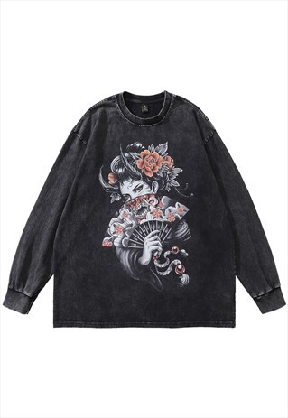 Geisha t-shirt vintage wash Japanese cartoon long tee grey