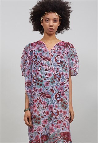 70'S PEACOCK AND FLORAL PATTERN INDIAN BOHO DRESS