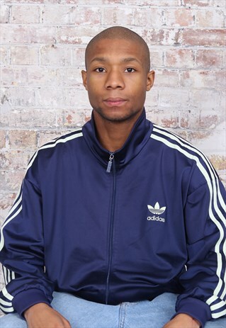 VINTAGE ADIDAS LOGO THREE STRIPE TRACK JACKET NAVY BLUE