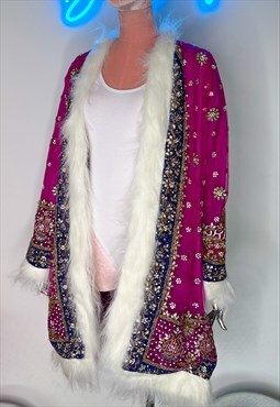 Afghan Faux Fur Sequin Coat Party Christmas Pink