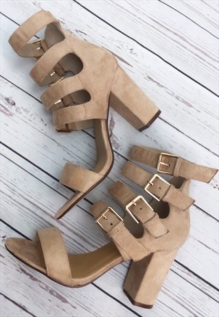 LIGHT BEIGE FAUX SUEDE HEELED CAGE SANDALS