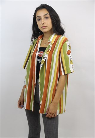 VINTAGE FRUIT PATTERNED STRIPED SHIRT