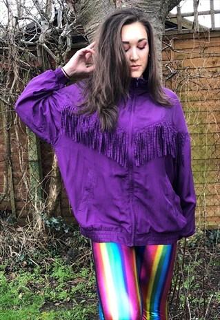 VINTAGE UNISEX SILK PURPLE FESTIVAL SHELL JACKET WITH FRINGE