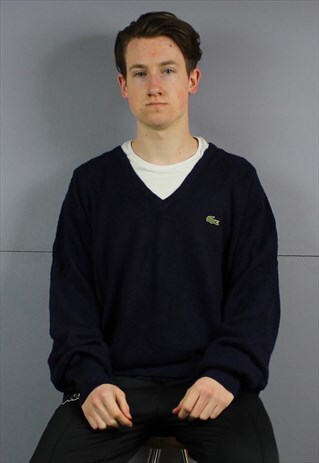 VINTAGE LACOSTE WOOL SWEATSHIRT JUMPER IN BLUE WITH EMBROIDE