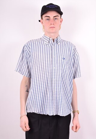 FRED PERRY MENS VINTAGE SHIRT LARGE BLUE CHECK 90'S